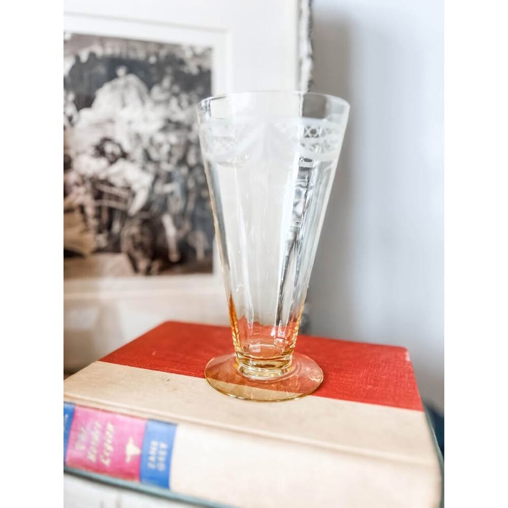 Yellow etched depression‎ glass goblet